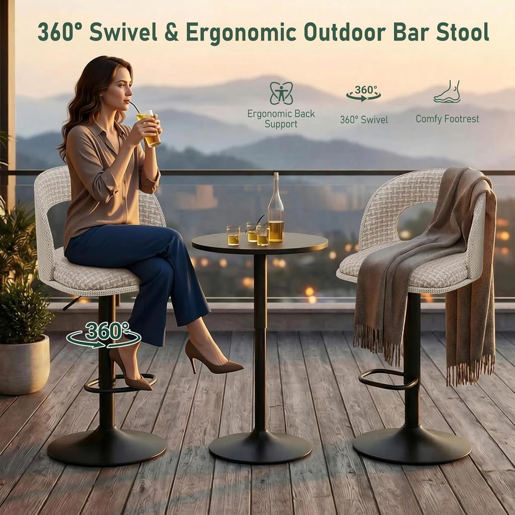 Furnimart Outdoor Bar Stools Set of 2 with Covers Waterproof, Adjustable Patio Stools with Hollow Back, Counter Height Swivel Chairs for Garden, Yard, All-Weather Textilene Fabric, Linen Plaid