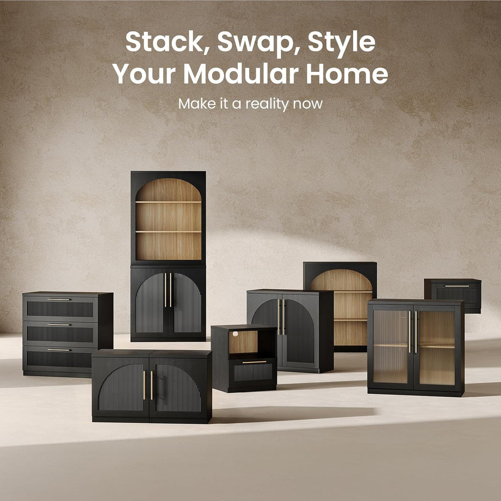 ModernMate Arched Sideboard Cabinet, Black Wood Grain Buffet Table with Wave-Panel Doors and Soft-Close Hinges, 31" Modular Storage Credenza for Entryway, Hallway & Living Room