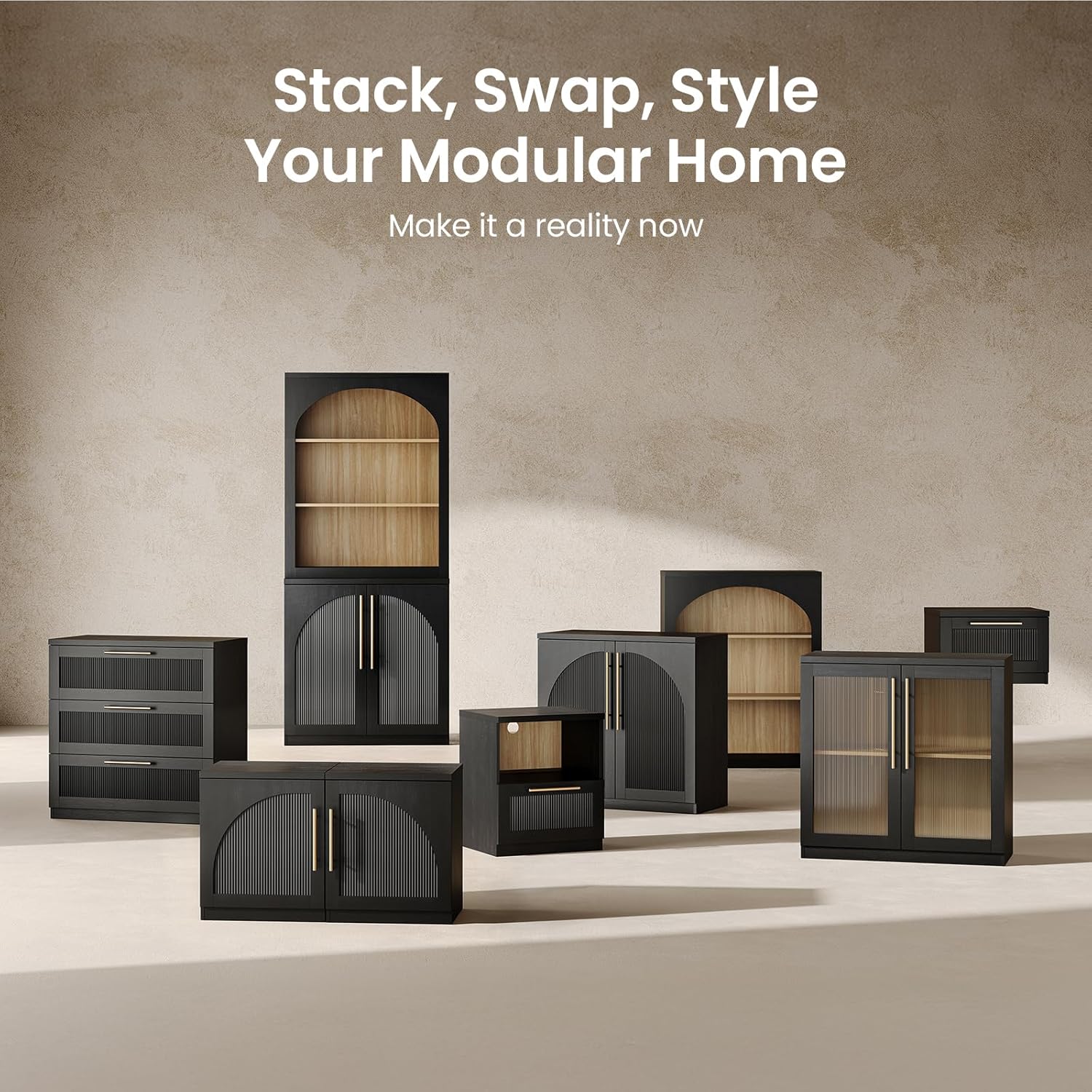 ModernMate Arched Sideboard Cabinet, Black Wood Grain Buffet Table with Wave-Panel Doors and Soft-Close Hinges, 31" Modular Storage Credenza for Entryway, Hallway & Living Room