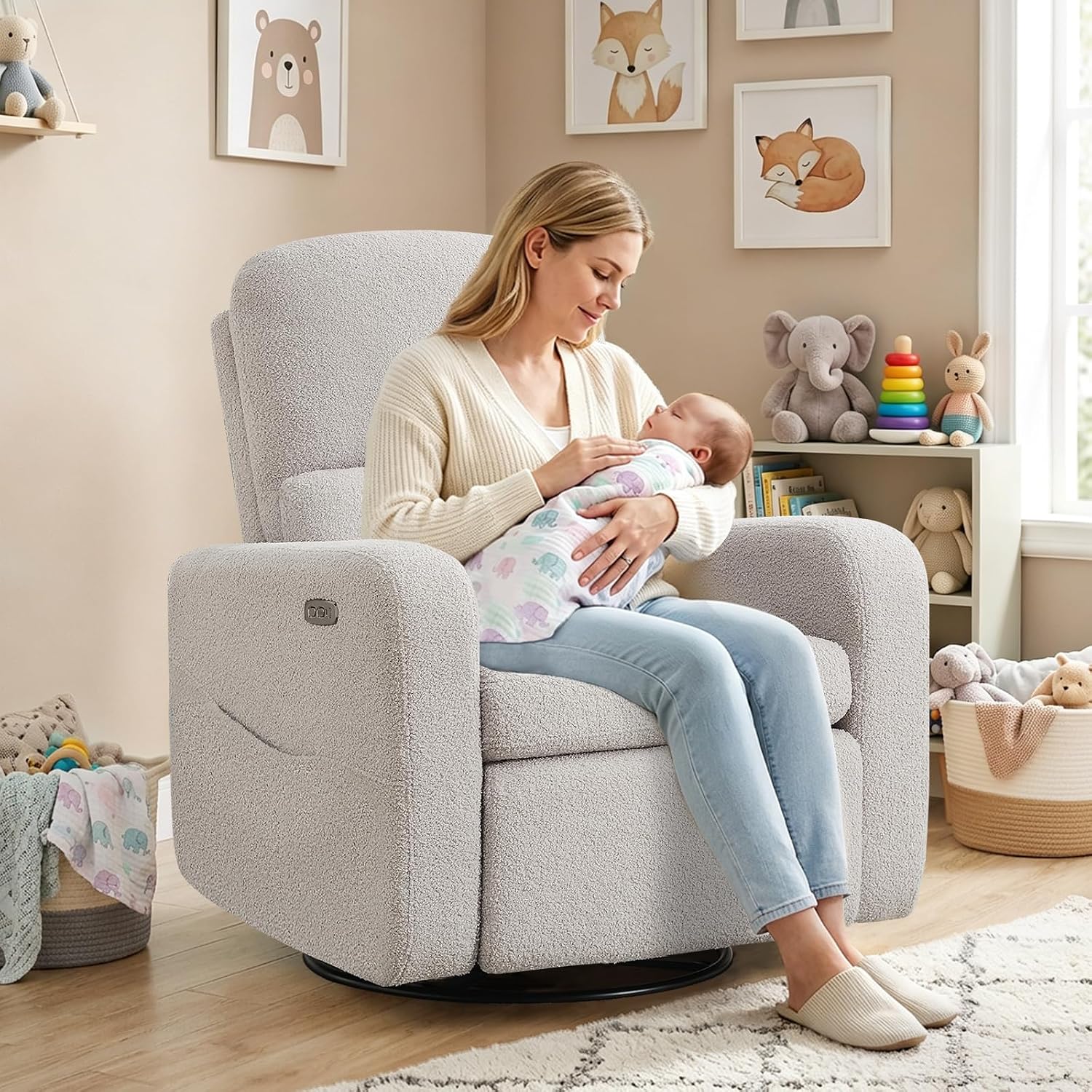 Power Swivel Rocker Recliner, Swivel Glider Nurseryc Recliner Chair with Lumbar Support, Upholstered Rocking Recling Chairs for Adults Nursery, Living Room, Bedroom, Teddy Grey