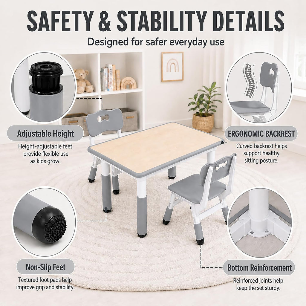 UNICOO Kids Table and Chairs Set, Height Adjustable Toddler Activity Table with 2 Chairs, Plastic Study Desk for Drawing, Crafts, Reading, Snack Time and Playroom, Ages 2-10