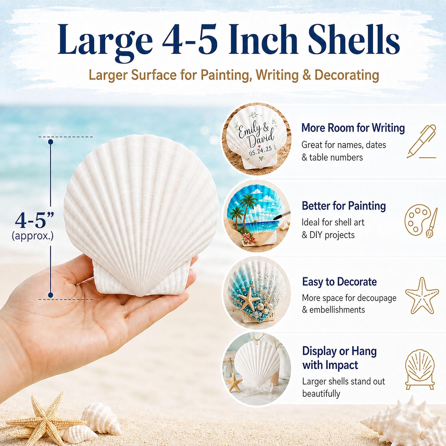 Cizavanta 50 Pack Large Scallop Shells for Crafts, 4-5 Inch Natural White Scallop Shells with 25 Clear Display Stands and Round Craft Mat, Seashells for DIY Painting, Decoupage & Coastal Decor