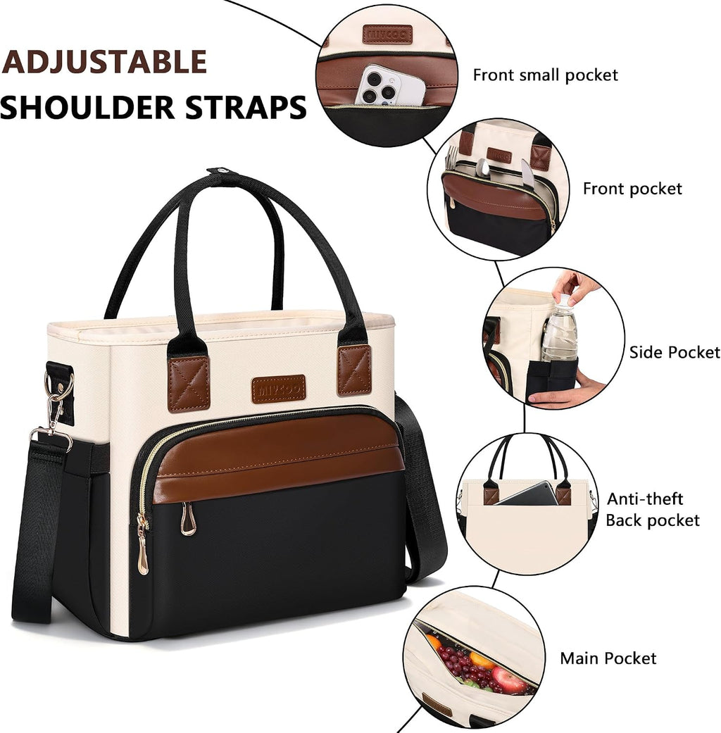 MIYCOO Lunch Bag Lunch Box Women - Leakproof Insulated Lunch Cooler Bag for Women - Large Lunch Tote Bags Adults, Black with Off White with Brown
