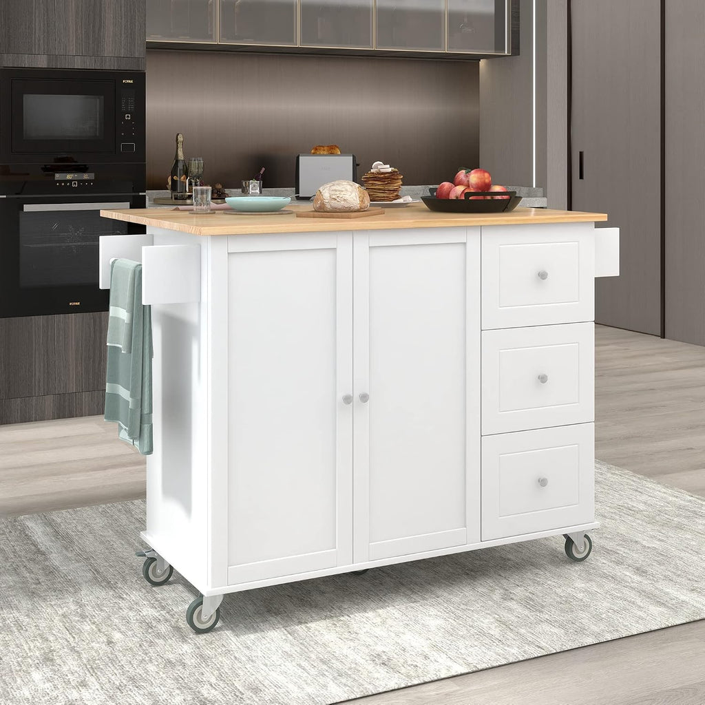COMHOMA Mobile Kitchen Island with Solid Wood Top and Locking Wheels,Storage Cabinet and Drop Leaf Breakfast Bar,Spice Rack, Towel Rack & Drawer