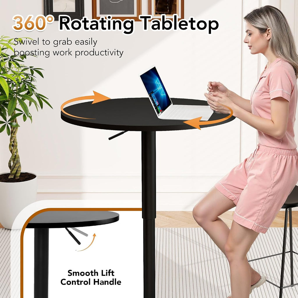 NOBPEINT Round Pub Table, Height Adjustable Bar Table, 360 Swivel Top, Cocktail Table with Black Metal Base for Bar, Bistro, Café, Full Black