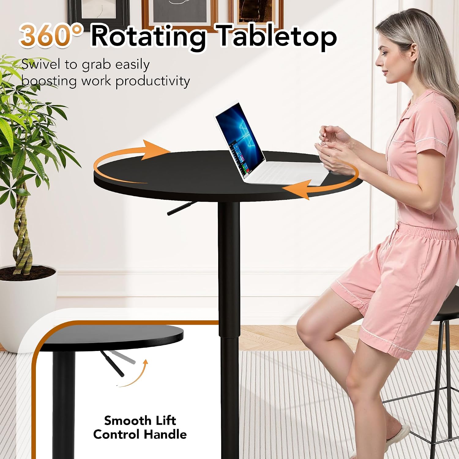 NOBPEINT Round Pub Table, Height Adjustable Bar Table, 360 Swivel Top, Cocktail Table with Black Metal Base for Bar, Bistro, Café, Full Black