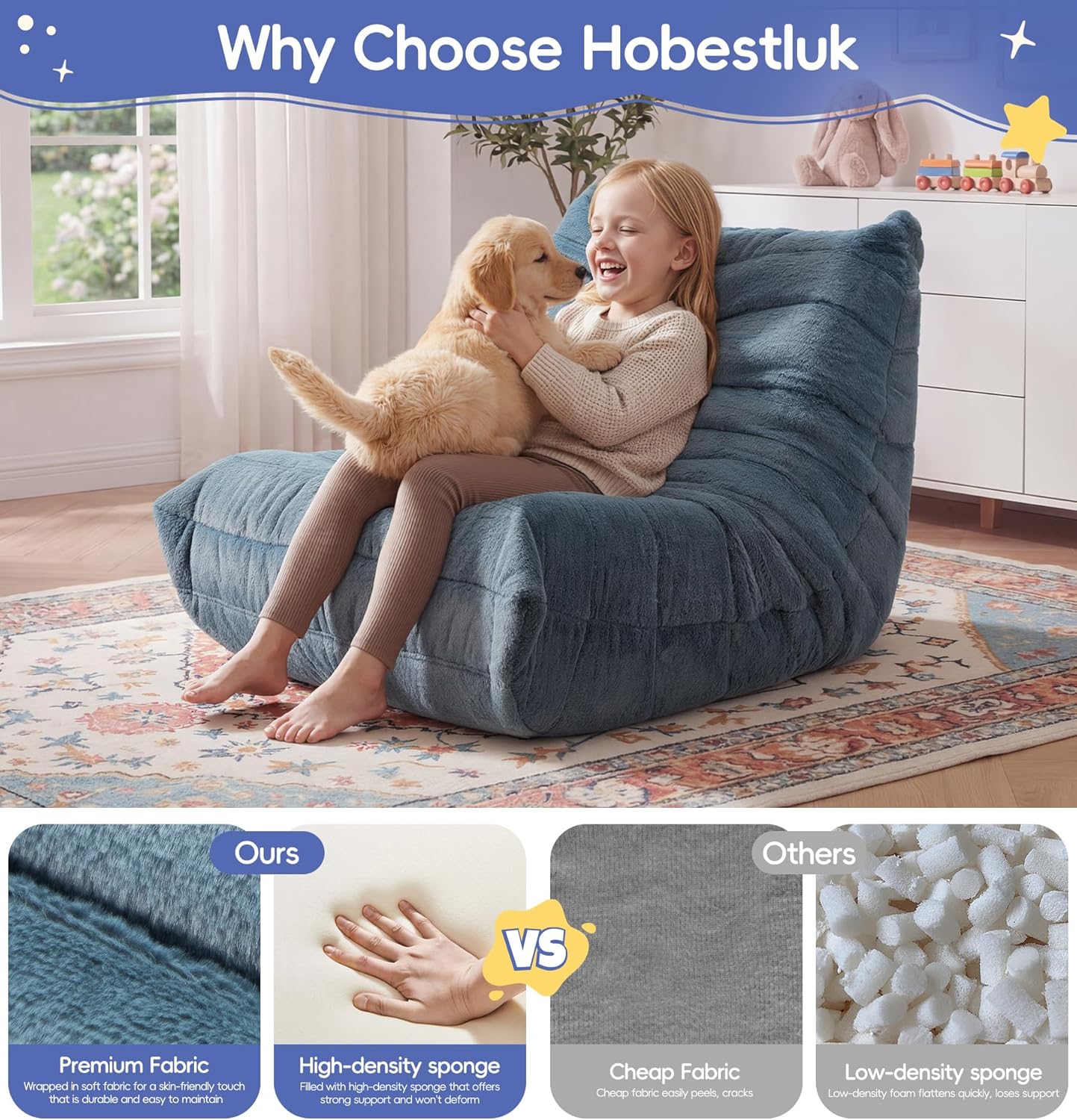 Hobestluk Bean Bag Chair for Kids Toddler Bean Bag Chair with Memory Foam Filler Beanbag with Spacious Design Bean Bag Couch for Reading Gaming Relaxing (Blue Grey, Small)