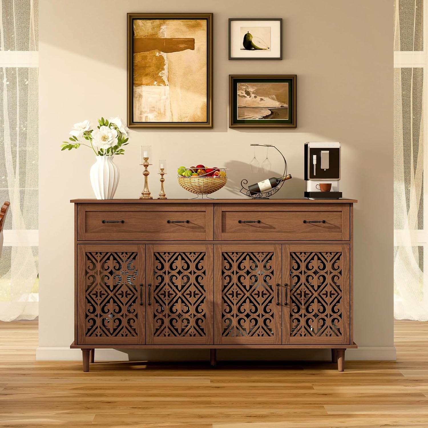 59" Accent Sideboard Buffet Cabinet with Storage,Credenza with Vintage Carved Doors and Adjustable Shelves,Entryway Cabinet,Storage Cabinet for Living Room,Dining Room,Entryway,Walnut