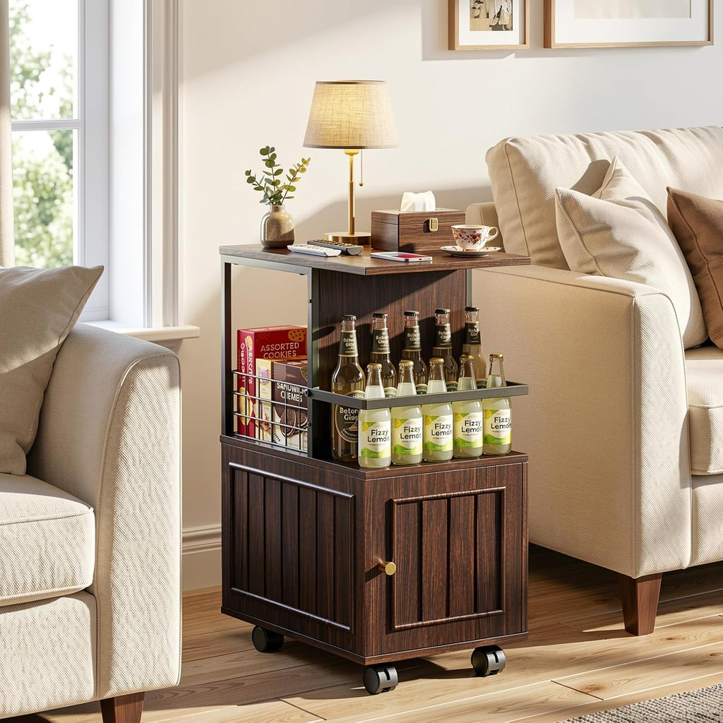 Narrow End Table with Storage Cabinet, Small Side Table with Open Storage Areas, Slim Sofa Side Table for Living Room, Nightstand for Small Spaces, Walnut