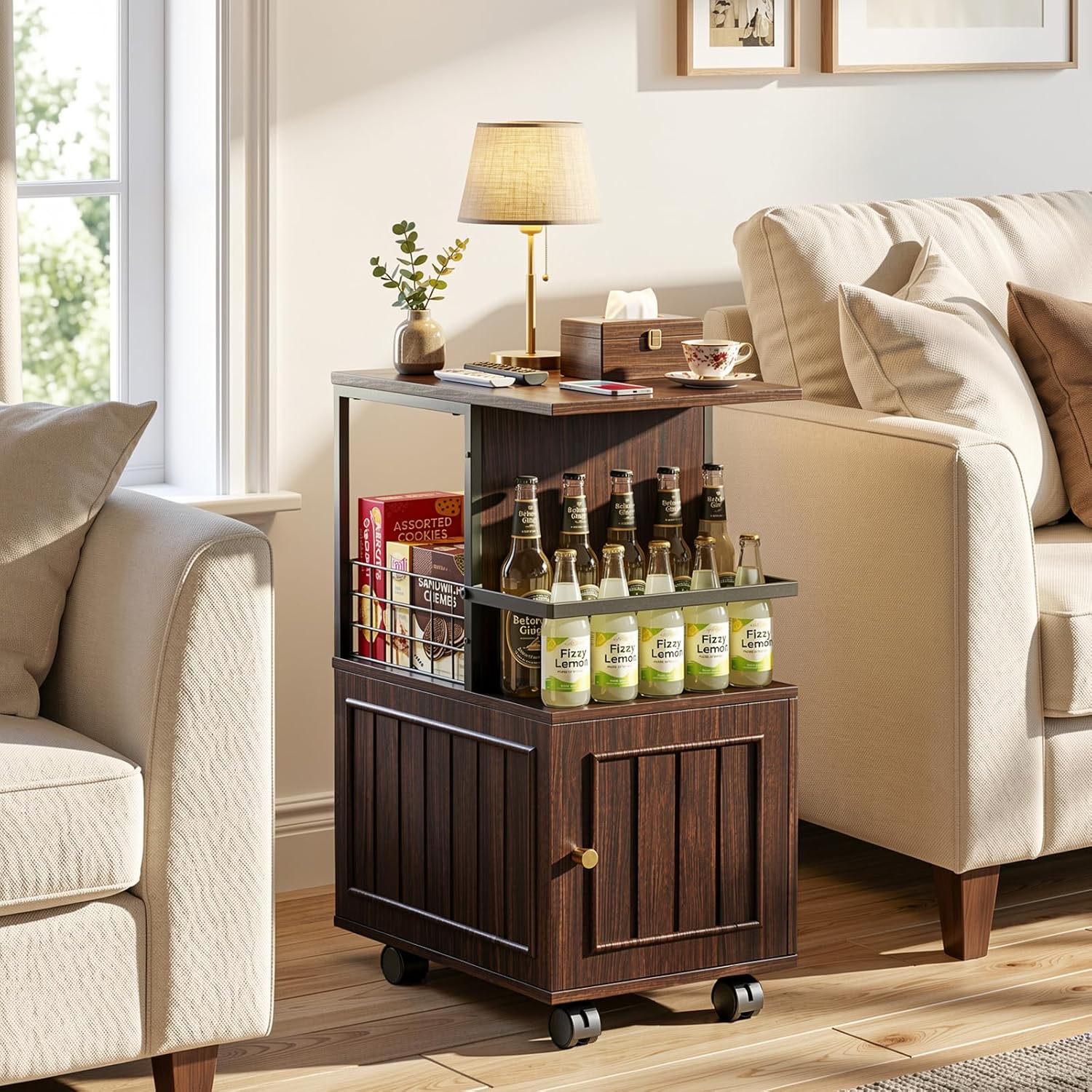 Narrow End Table with Storage Cabinet, Small Side Table with Open Storage Areas, Slim Sofa Side Table for Living Room, Nightstand for Small Spaces, Walnut