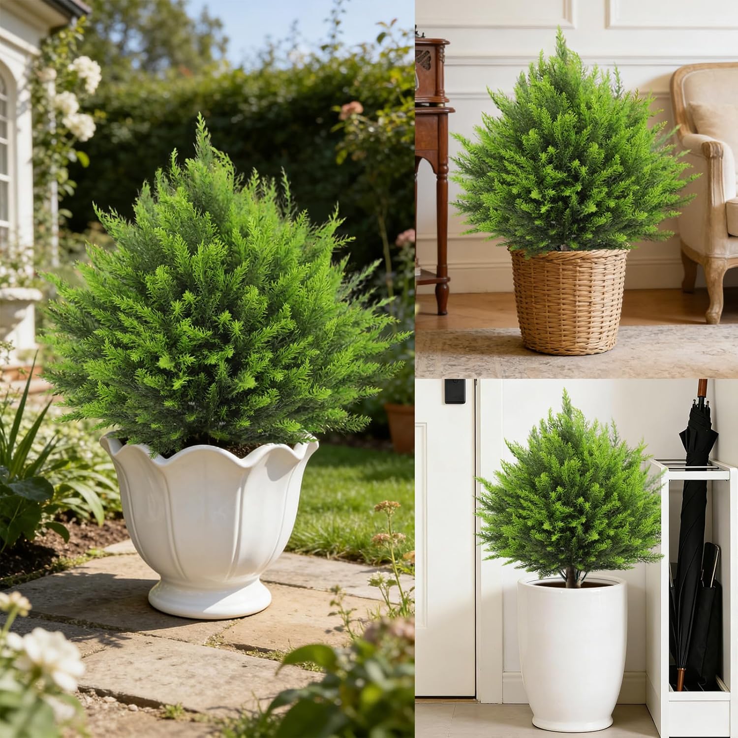 2 Set Artificial Cedar Topiary Ball Trees with Spike, 24" UV Resistant Fake Evergreen Shrubs Plants for Outdoor, Faux Cypress Bushes for Indoor Front Porch Garden