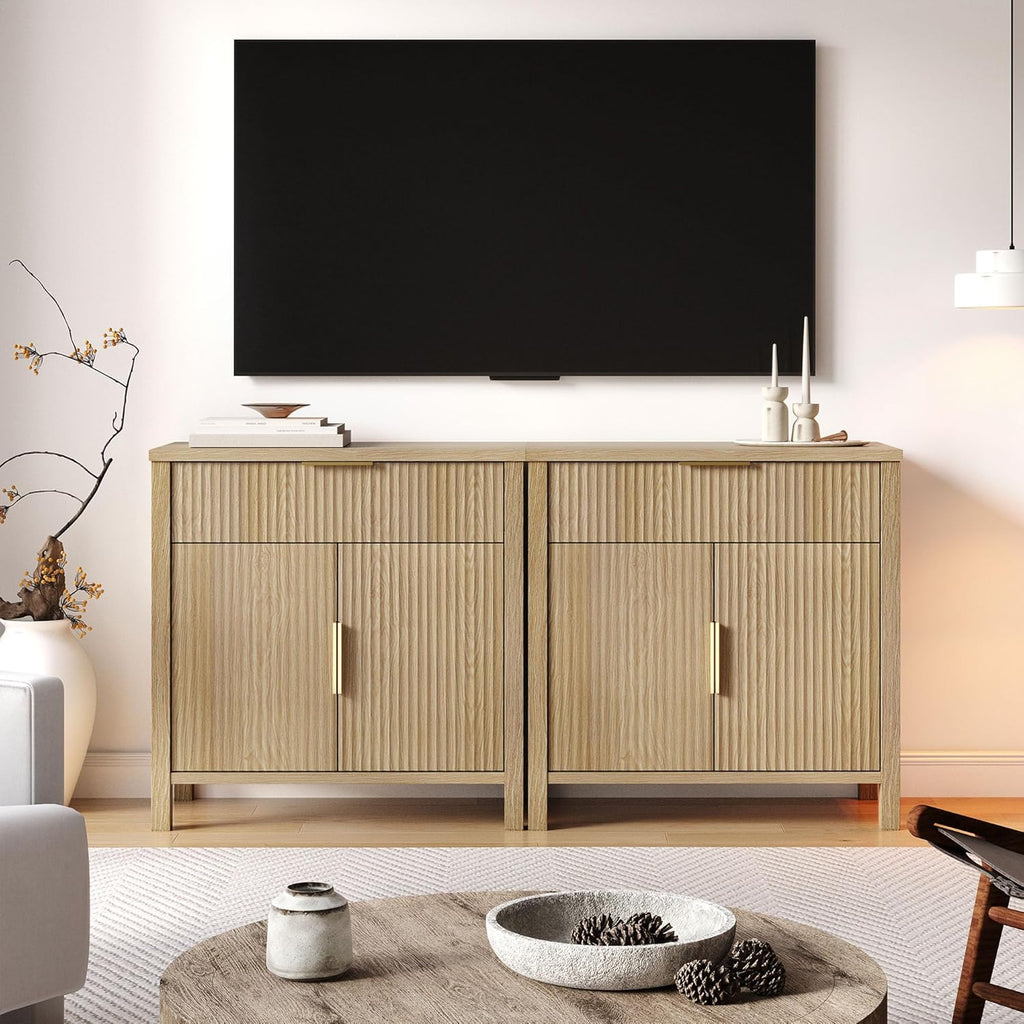 Fluted 55'' Sideboard Cabinet with Drawers,Large Storage Buffet 4 Doors and 2 Drawers Coffee Bar Console Table Storage for Dinning Room, Kitchen, Living Room (WOOD-32'')