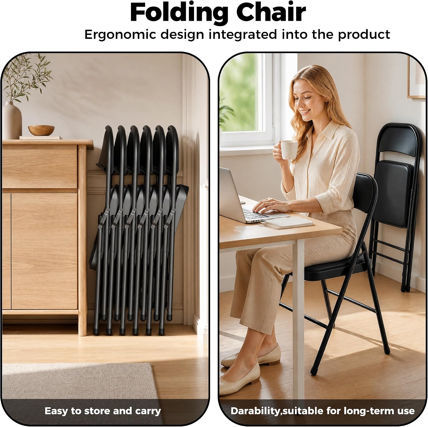 6 Pack Black Folding Chairs with Padded Seats,Portable & Stackable Dining Chairs Sets with Steel Frame, Portable Folding Chairs for Outside, Office Events, Weddings, Pu Leather