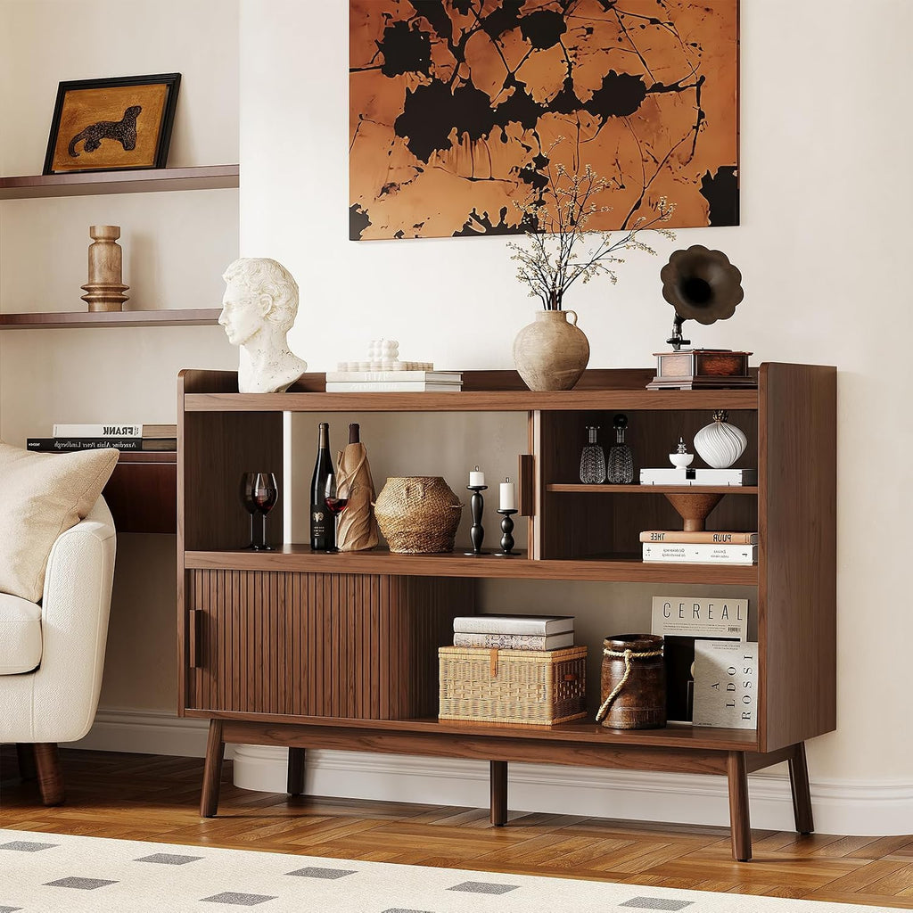 ONBRILL 51.2" Sideboard Buffet Cabinet with Outlet & 2Open Storage Spaces, Fluted Sideboard Cabinet with Sliding Door & Adjustable Shelves, Mid-Century Accent Coffee Bar Console Table with Wooden Feet