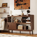 ONBRILL 51.2" Sideboard Buffet Cabinet with Outlet & 2Open Storage Spaces, Fluted Sideboard Cabinet with Sliding Door & Adjustable Shelves, Mid-Century Accent Coffee Bar Console Table with Wooden Feet