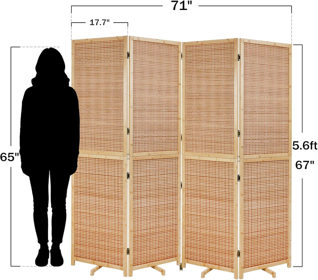Olela 4 Panel Folding Room Divider, 5.6ft Tall Bamboo Room Divider Screen with Rotating Support Feet, 71" Wide Portable Wooden Screen, Easy 2-Step Assembly, Privacy Screens for Indoor Home Bedroom