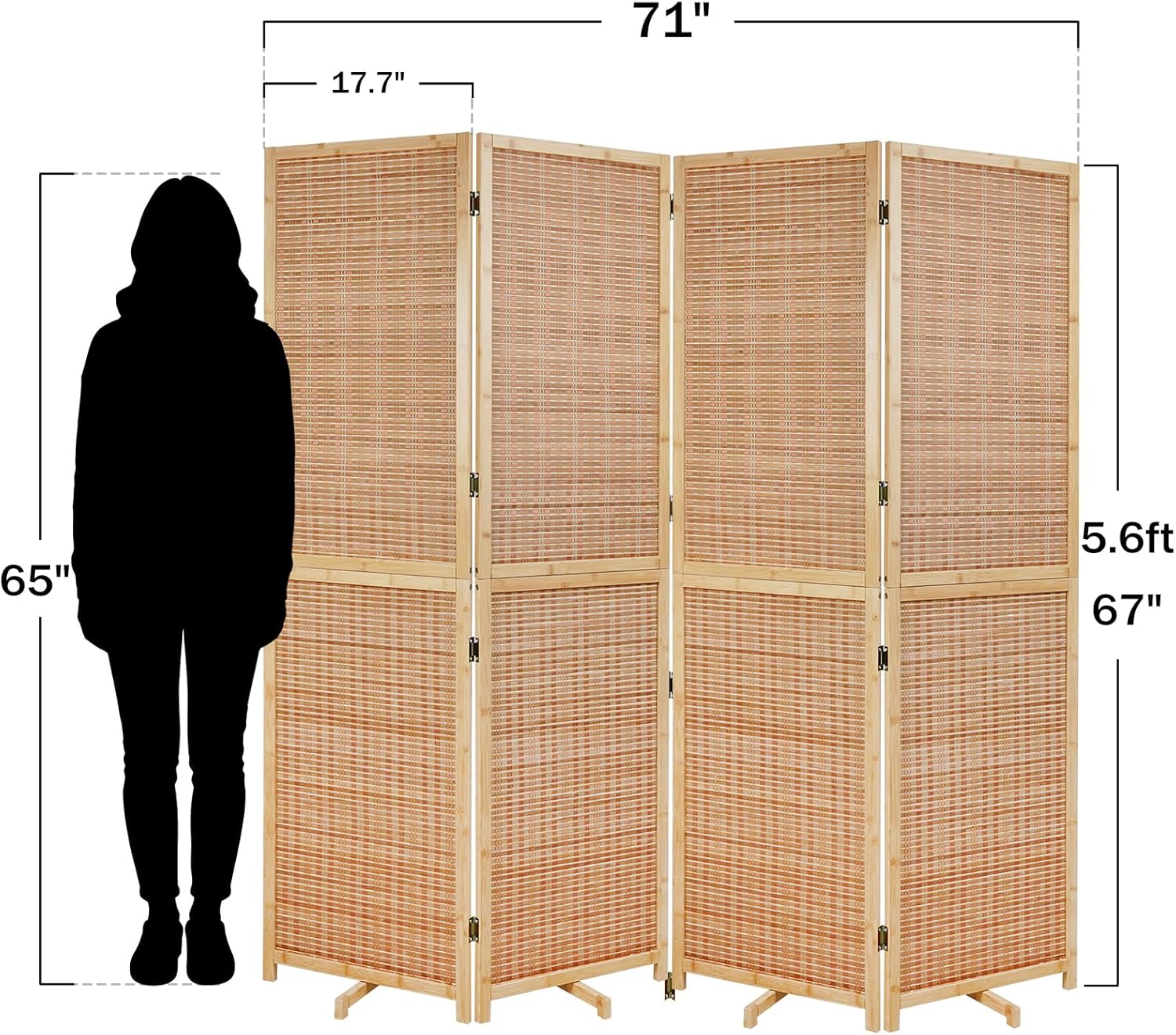 Olela 4 Panel Folding Room Divider, 5.6ft Tall Bamboo Room Divider Screen with Rotating Support Feet, 71" Wide Portable Wooden Screen, Easy 2-Step Assembly, Privacy Screens for Indoor Home Bedroom