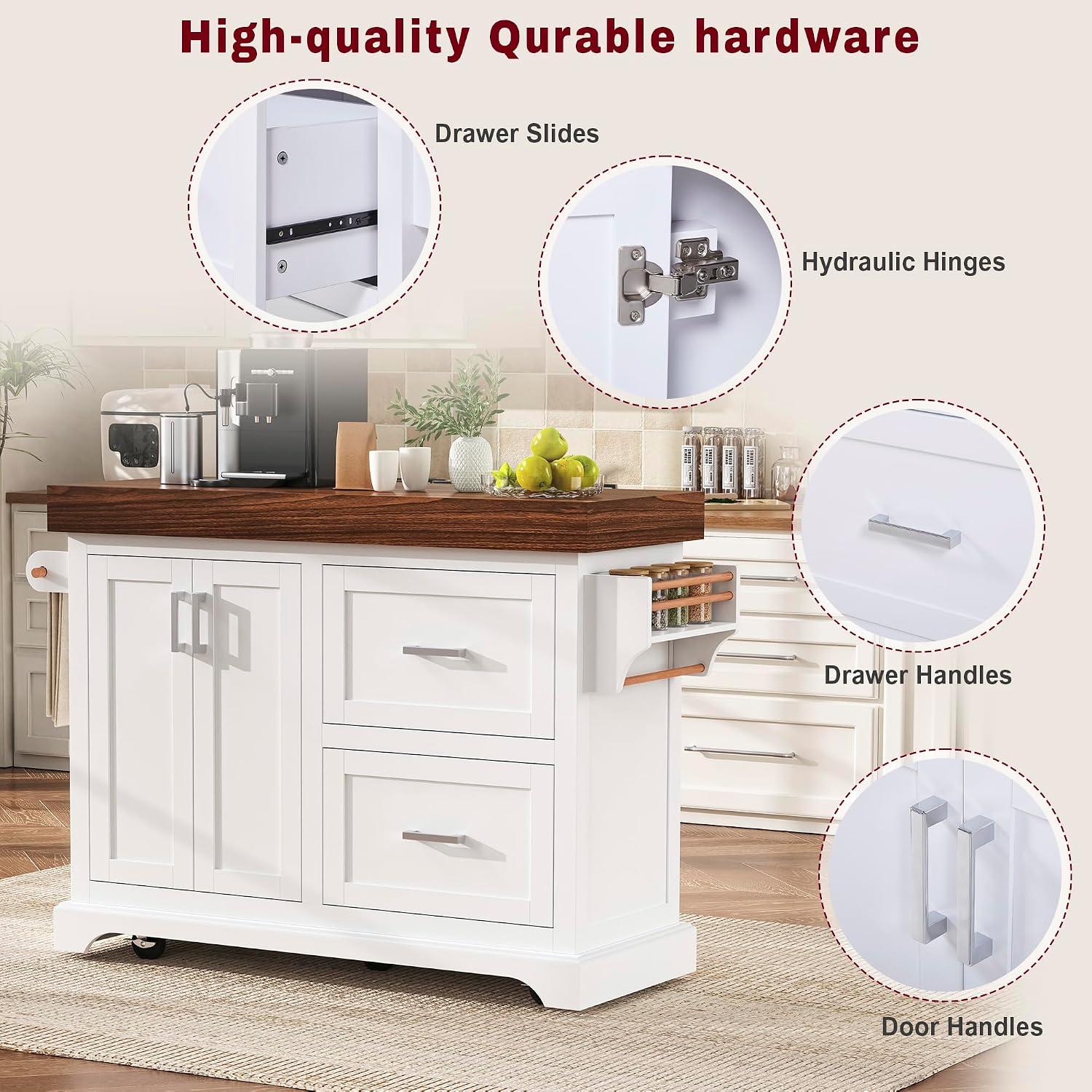 53" Large Kitchen Island with 3.5" Thick Desktop, Spice and Towel Racks, Rolling Kitchen Island with Storage on 5 Wheels, 2 Extra-Large Drawers, for Home, Kitchen, Dining Room, White