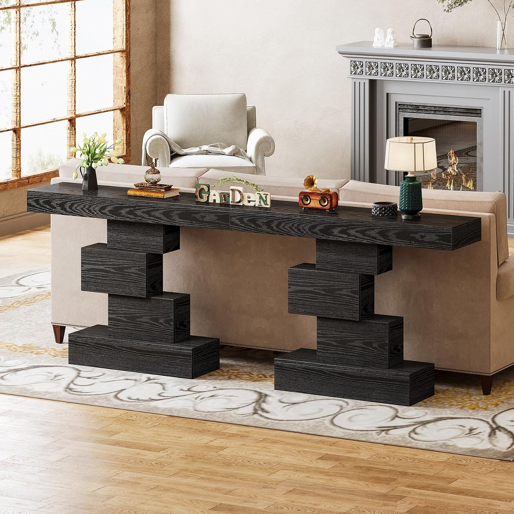 Tribesigns 42.5" Farmhouse Console Table, Narrow Wood Sofa Table Behind Couch with Geometric Base, Industrial Entryway Accent Table for Living Room, Hallway, Entrance (Black)
