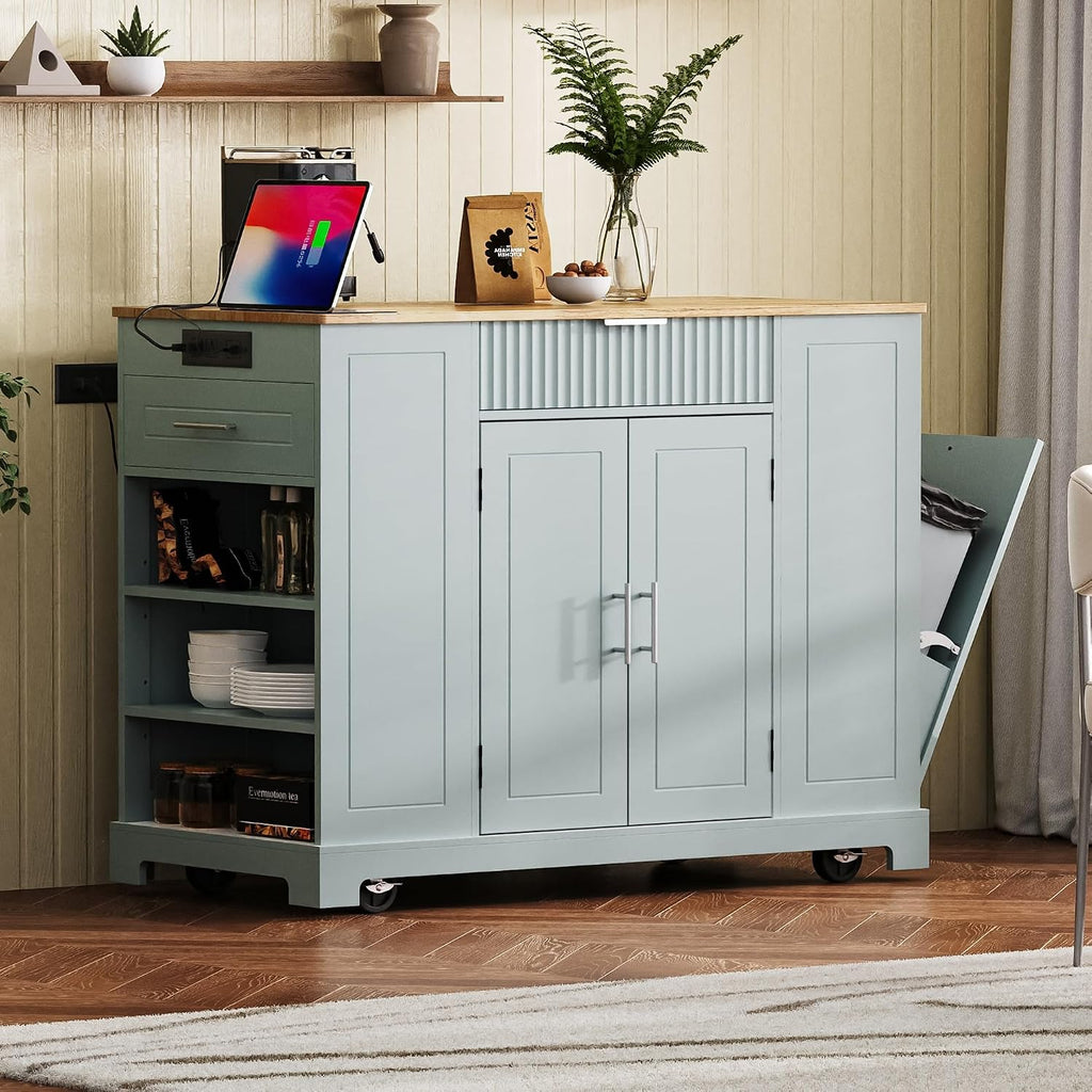 Kitchen Island with Trash Can Storage Cabinet and Power Outlet, Rolling Kitchen Cart on Wheels with Internal Storage Rack, Drawers, Open Side Racks for Dining Room (48.5", Grey Blue)