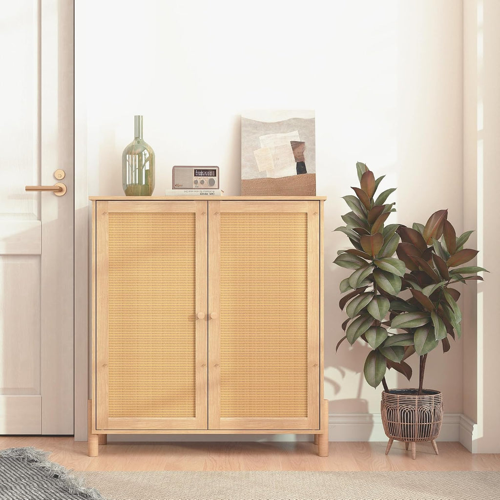 CIATRE Mid-Century Modern Natural Storage Cabinet with Woven Rattan Doors & Adjustable Shelves - Ideal for Living & Dining Room Decor & Organization