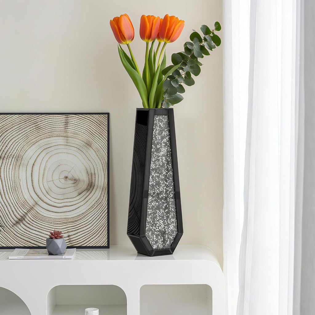 SHYFOY 24" Black Floor Vase, Black Crushed Diamond Tall Vases for Floor, Elegant Black Crystal Glass Vase for Pampas Grass Mirrored Decorative Flower Vase for Office Home Decor