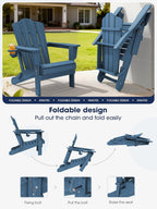 KINGYES Folding Adirondack Chair Set of 2, HDPE All-Weather Patio Chairs with Cup Holder, Wooden Textured Fire Pit Chairs for Poolside, Backyard, Deck, Navy