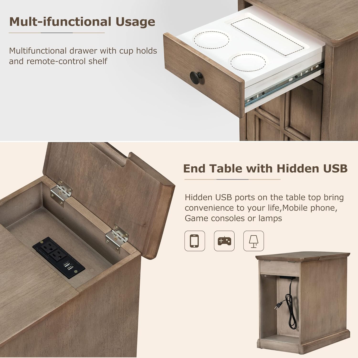 Merax Classic Vintage End Table Side Table with USB Ports & Outlets, One Multifunctional Drawer with Cup Holders, Storage Cabinet for Living Room & Bedroom, Antique Brown