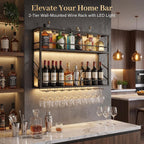2-Tier Wall Mounted Wine Rack with LED, 31.5”W x 7.8”D x 26”H | Metal Bar Liquor Shelves and Glass Holder,Wall Bar Shelf Wine Display Storage Holder for Home Bar, Dining Room, Kitchen