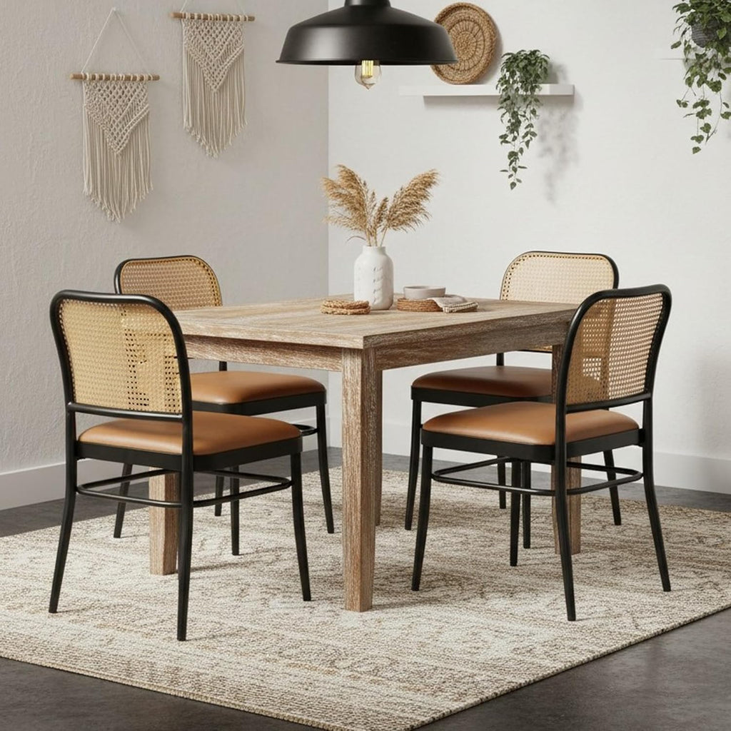 Rattan Dining Chairs Set of 6, Upholstered Faux Leather Dining Chairs with Cane Back, Mid Century Modern Kitchen & Dining Room Chairs, Boho Style, Brown