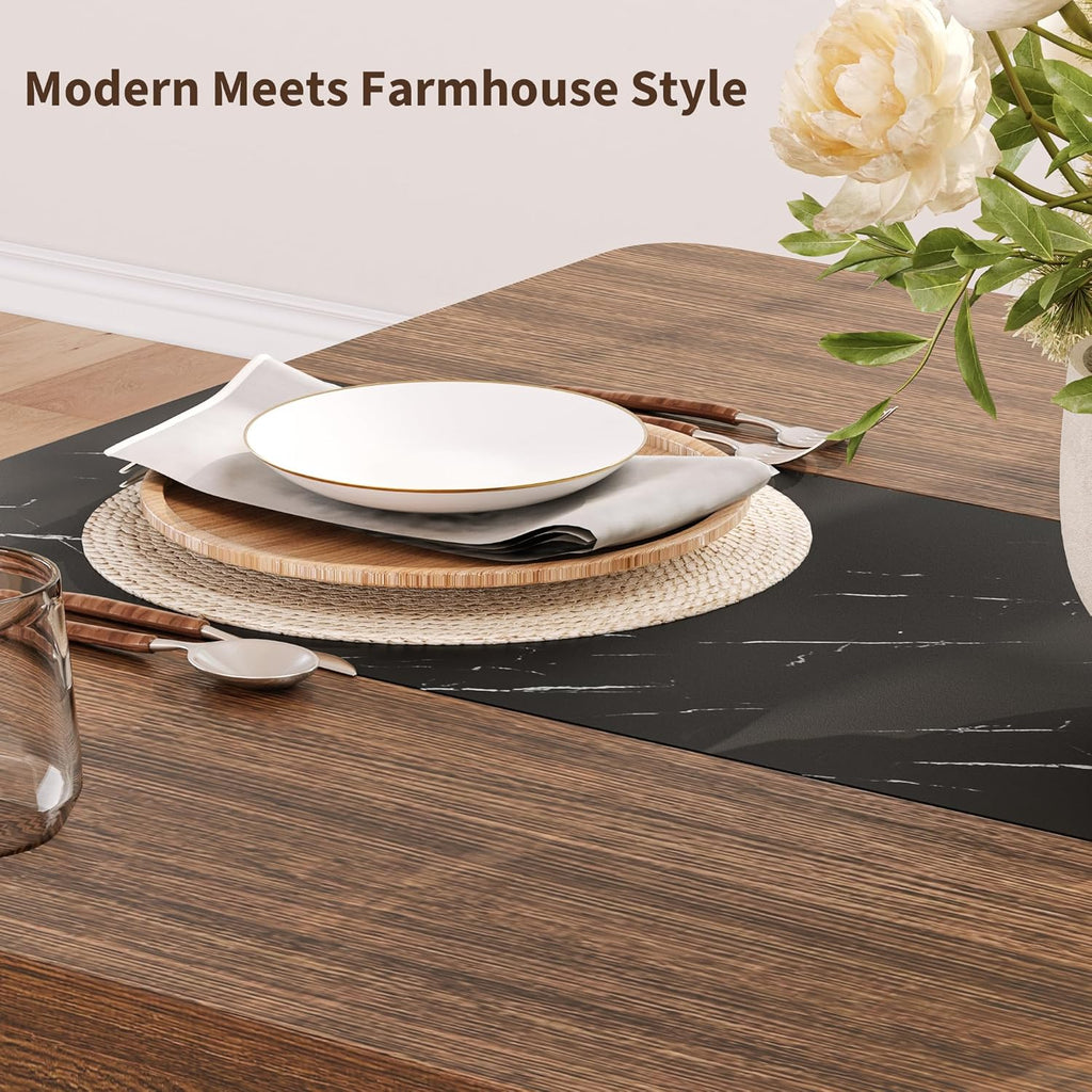 iPormis Farmhouse 71" Long Dining Table for 6-8 People, Marble Texture Finish Kitchen Table with Sturdy Wooden Frame, Rectangle Dining Table for Dining Room, Kitchen, Brown
