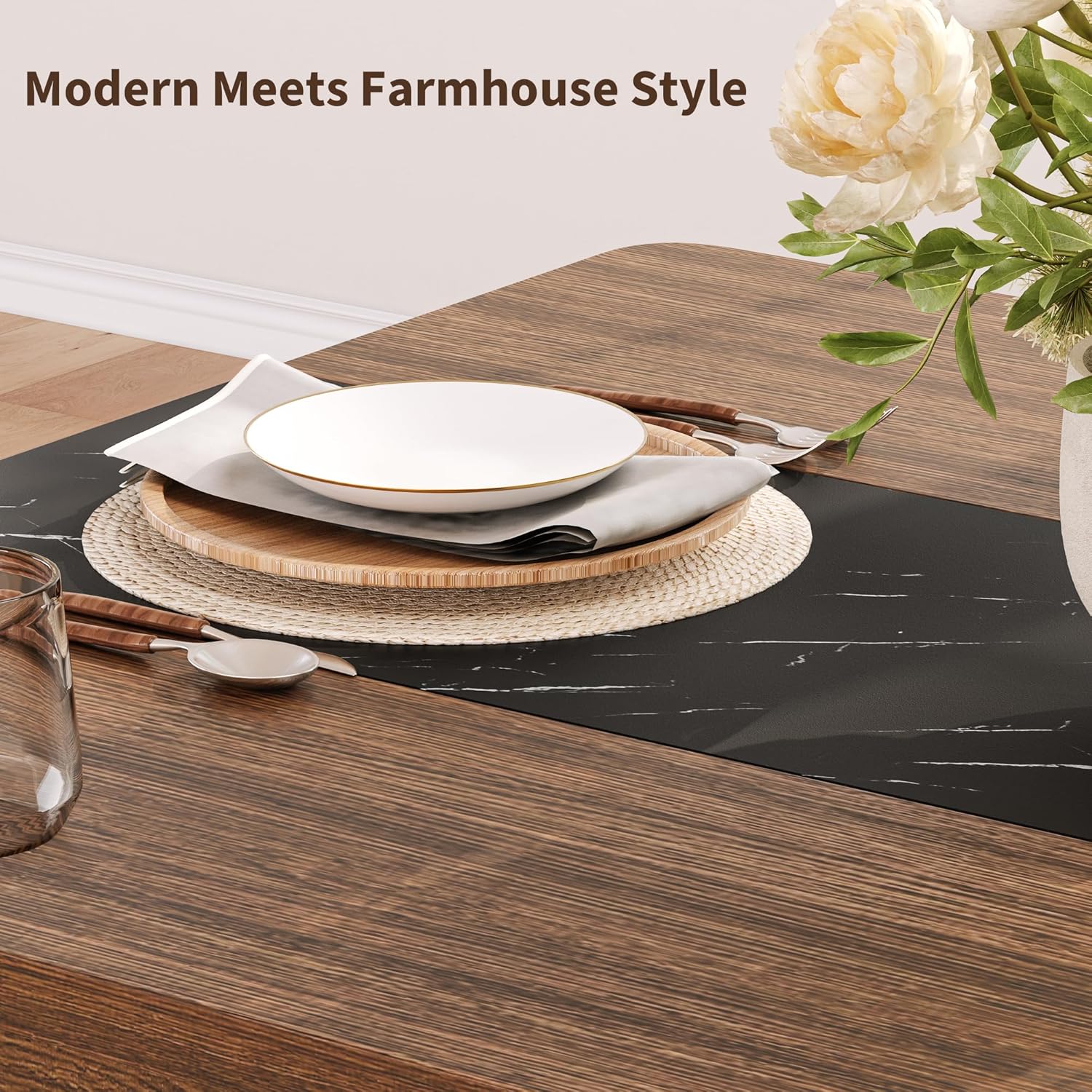 iPormis Farmhouse 71" Long Dining Table for 6-8 People, Marble Texture Finish Kitchen Table with Sturdy Wooden Frame, Rectangle Dining Table for Dining Room, Kitchen, Brown