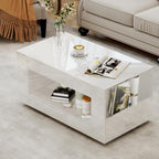 Coffee Table with Storage, 39" High Gloss Small Center Table with Transparent Legs and Sides Storage, Modern 2-Tier Coffee Tables for Living Room, Home Office, Apartment, White