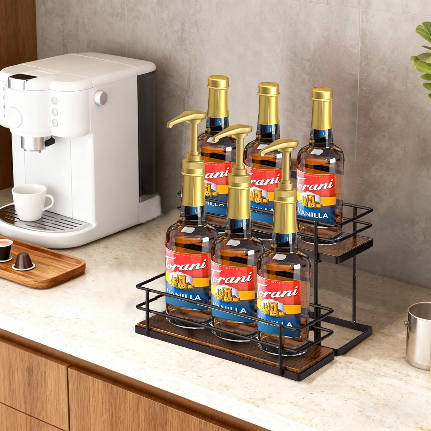 Coffee Syrup Organizer Rack, 2 Tier Syrup Holder for Coffee bar Syrup Storage,Kitchen Condiment Organization and Wine Display(6 Bottle Capacity).