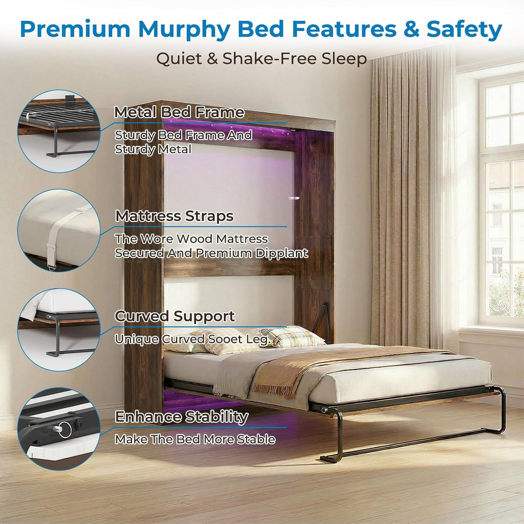 Mjkone Cabinet Beds Queen Size, Hidden Murphy Wall Bed, 64.6" W Queen Murphy Cabinet Chest Beds with 16 Colors of LED Lights, Space-Saving Design Guest Bed for Apartment, Offices, Small Space, Brown