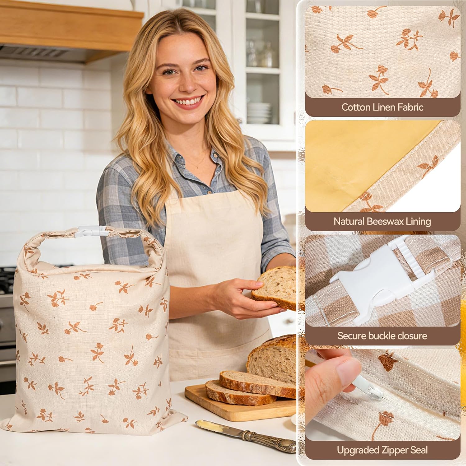 Beeswax Bread Bags for Sourdough, 2 pcs Reusable XL Zipper Beeswax Bread Bags for Homemade Bread Sourdough, Cotton Linen Food Storage Bag for Picnics, Pantry, Long-Lasting Freshness (Rose+Checkered)
