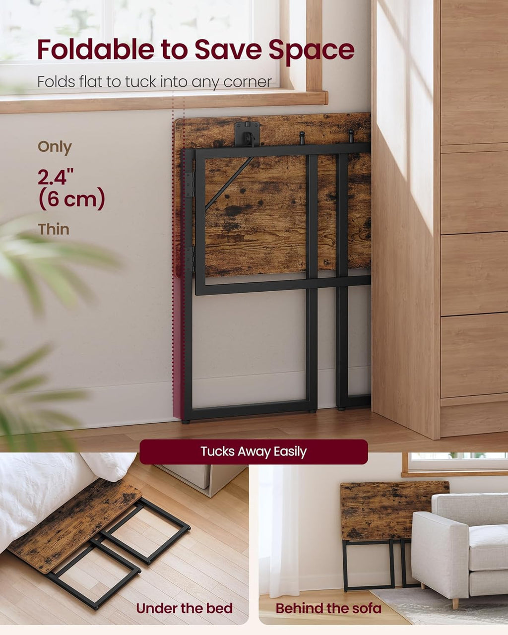 VASAGLE Folding Desk, Foldable Computer Desk, One-Piece Desktop, Rounded Edges, Small Folding Craft Table for Bedroom, Balcony, Camping, Easy Assembly, 31.5 x 15.7 Inches, Rustic Brown ULWD151KD01