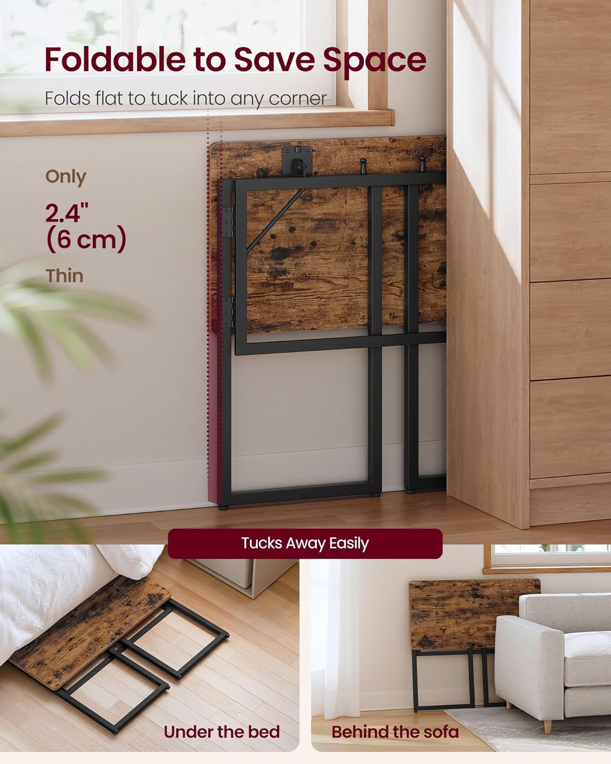 VASAGLE Folding Desk, Foldable Computer Desk, One-Piece Desktop, Rounded Edges, Small Folding Craft Table for Bedroom, Balcony, Camping, Easy Assembly, 31.5 x 15.7 Inches, Rustic Brown ULWD151KD01