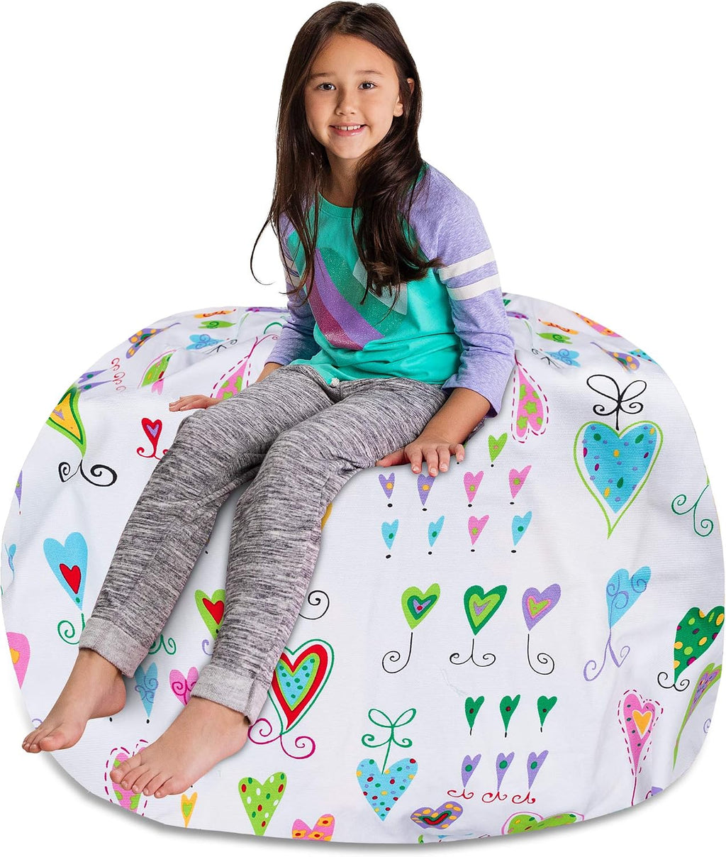 Posh Stuffable Kids Stuffed Animal Storage Bean Bag Chair Cover - Childrens Toy Organizer, X-Large-48 - Canvas Multi-Colored Hearts on White