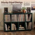 Record Player Stand with Charging Station, Green | Vinyl Record Storage Cabinet, Holds Up to 500+ Albums, Metal Turntable Stand with Large Tabletop for Music Room Studio