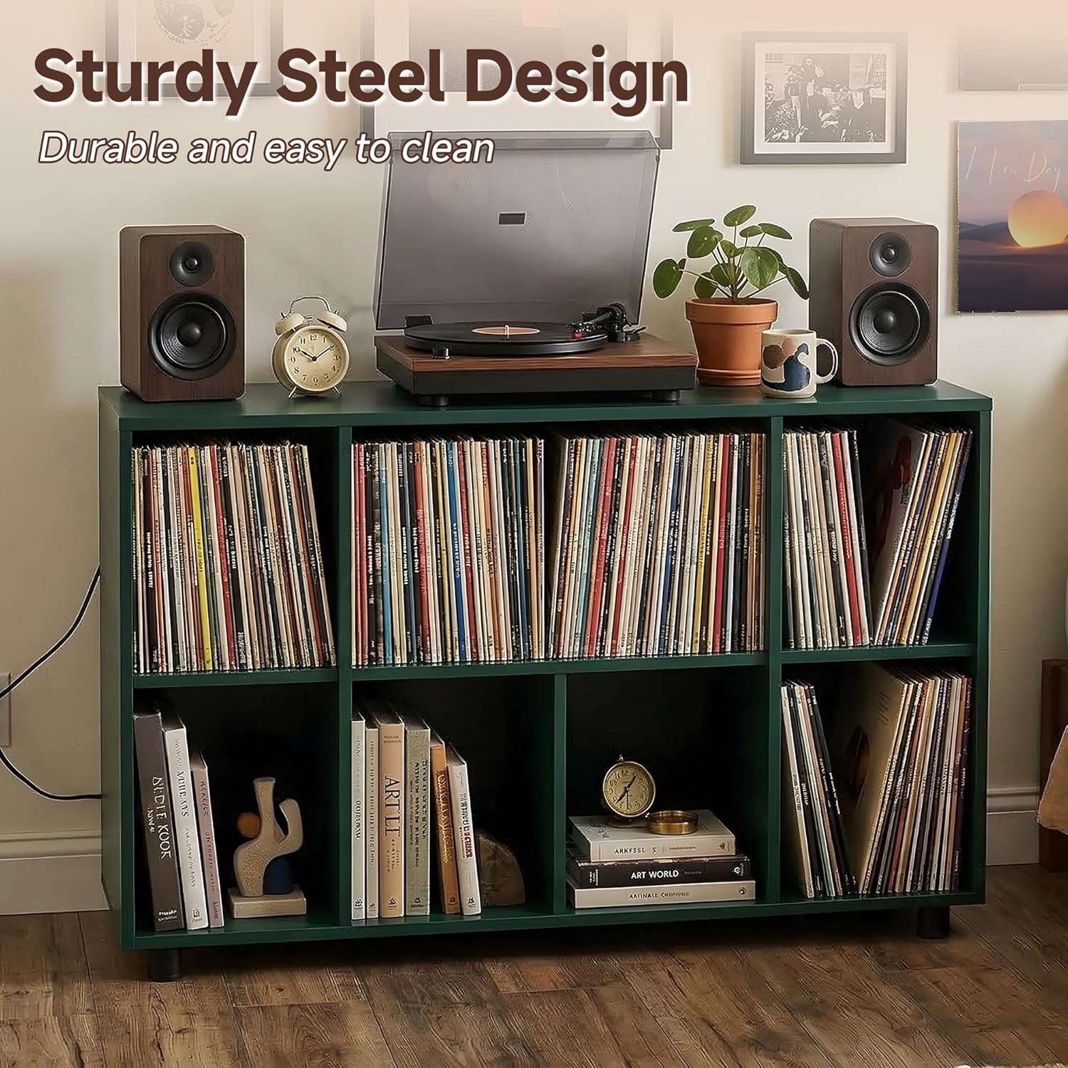 Record Player Stand with Charging Station, Green | Vinyl Record Storage Cabinet, Holds Up to 500+ Albums, Metal Turntable Stand with Large Tabletop for Music Room Studio
