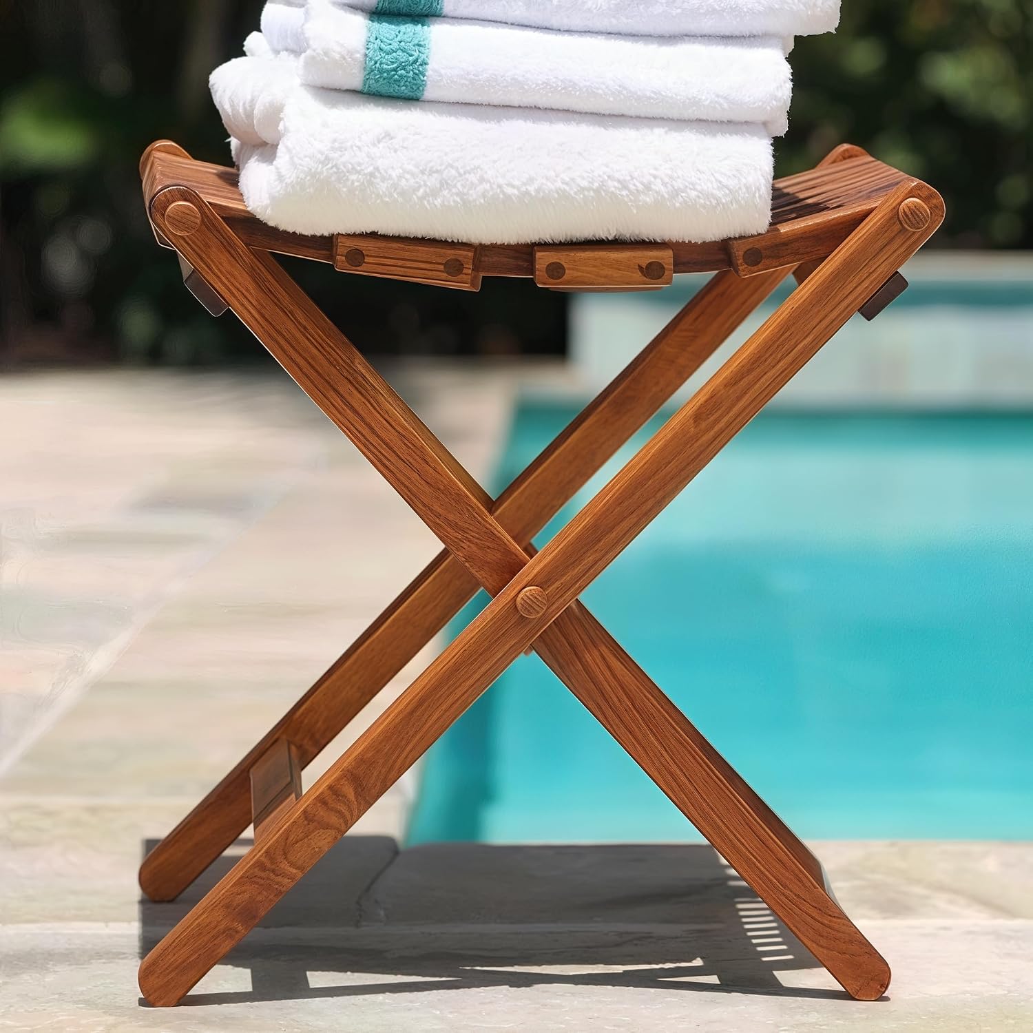 Bare Decor Mosaic Folding Stool in Solid Teak Wood, Brown