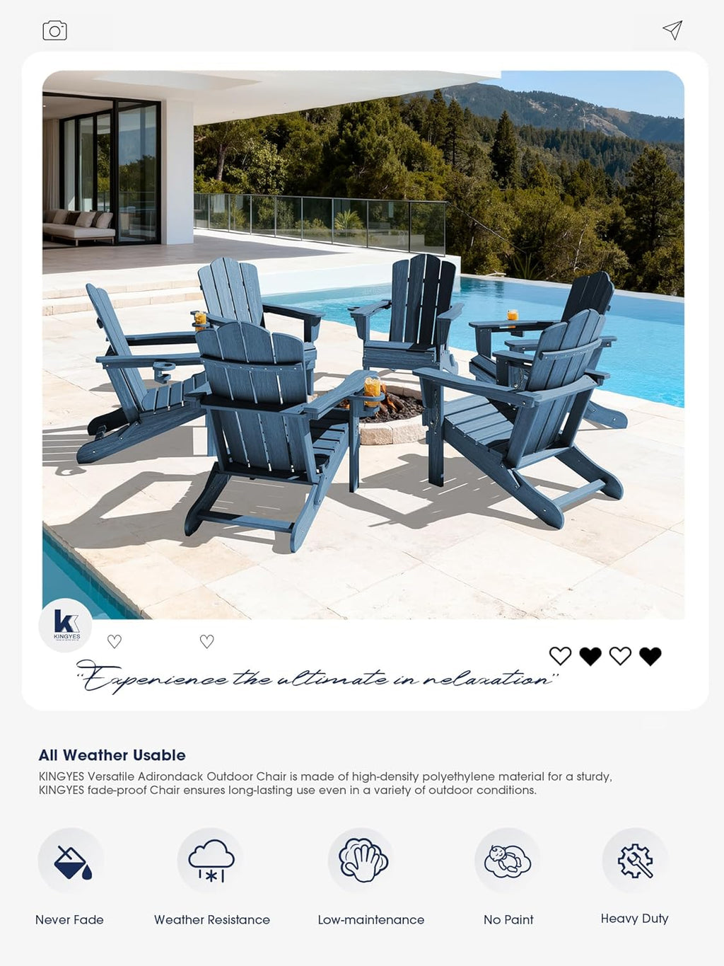 KINGYES Folding Adirondack Chair Set of 2, HDPE All-Weather Patio Chairs with Cup Holder, Wooden Textured Fire Pit Chairs for Poolside, Backyard, Deck, Navy