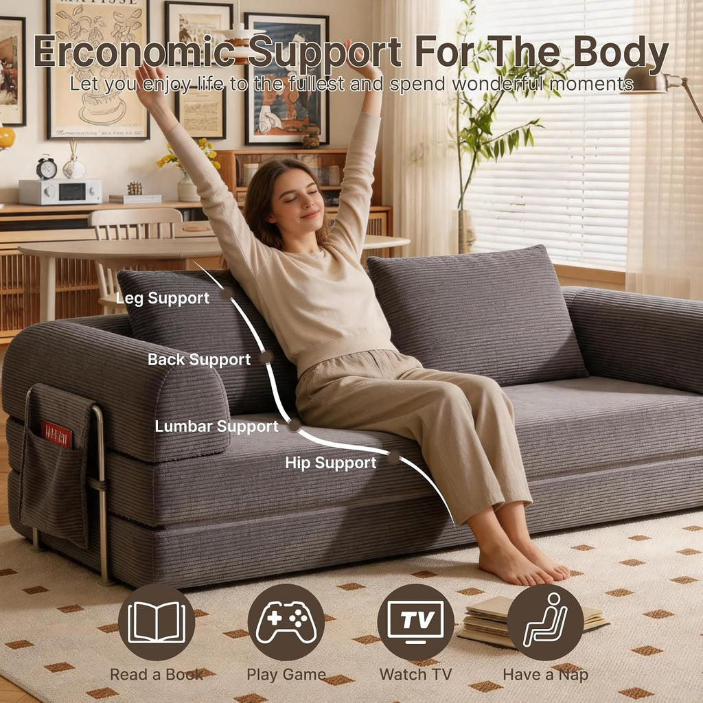 78" Convertible Sofa Bed, Corduroy Futon Couch with Storage Pocket, Boneless Pull Out Sleeper Sofa, Foldable Couch for Living Room Bedroom, No Assembly Space Saver, Gray