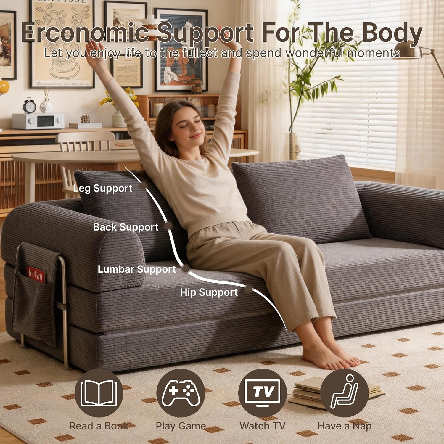 78" Convertible Sofa Bed, Corduroy Futon Couch with Storage Pocket, Boneless Pull Out Sleeper Sofa, Foldable Couch for Living Room Bedroom, No Assembly Space Saver, Gray