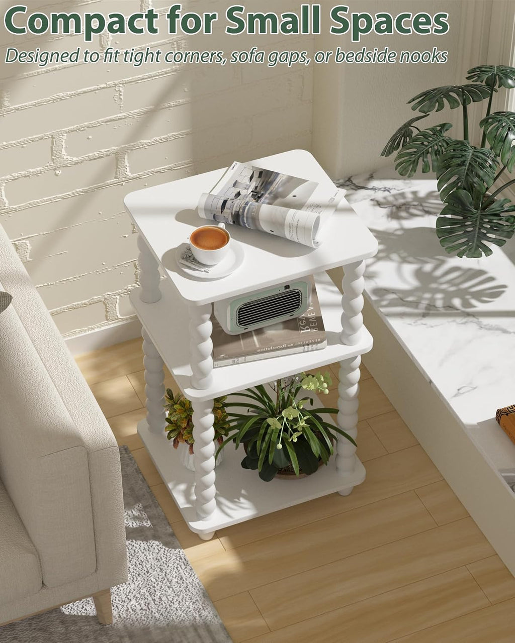 Tohiasen 3 Tier Side Table - Compact End Table with Solid Wood Legs, Small Nightstand with Open Shelves for Living Room Bedroom Office Nursery Small Spaces (White, Rectangular)