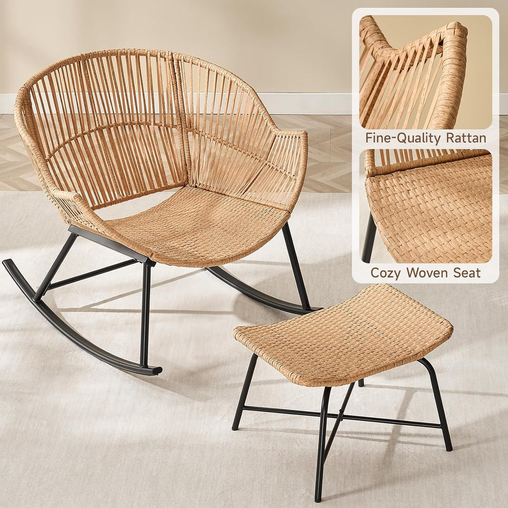 Papasan Rocking Chair with Ottoman, Oversized Papasan Chair, Olive Green | Indoor & Outdoor Rocker Chair with Padded Cushion for Living Room, Patio, Garden