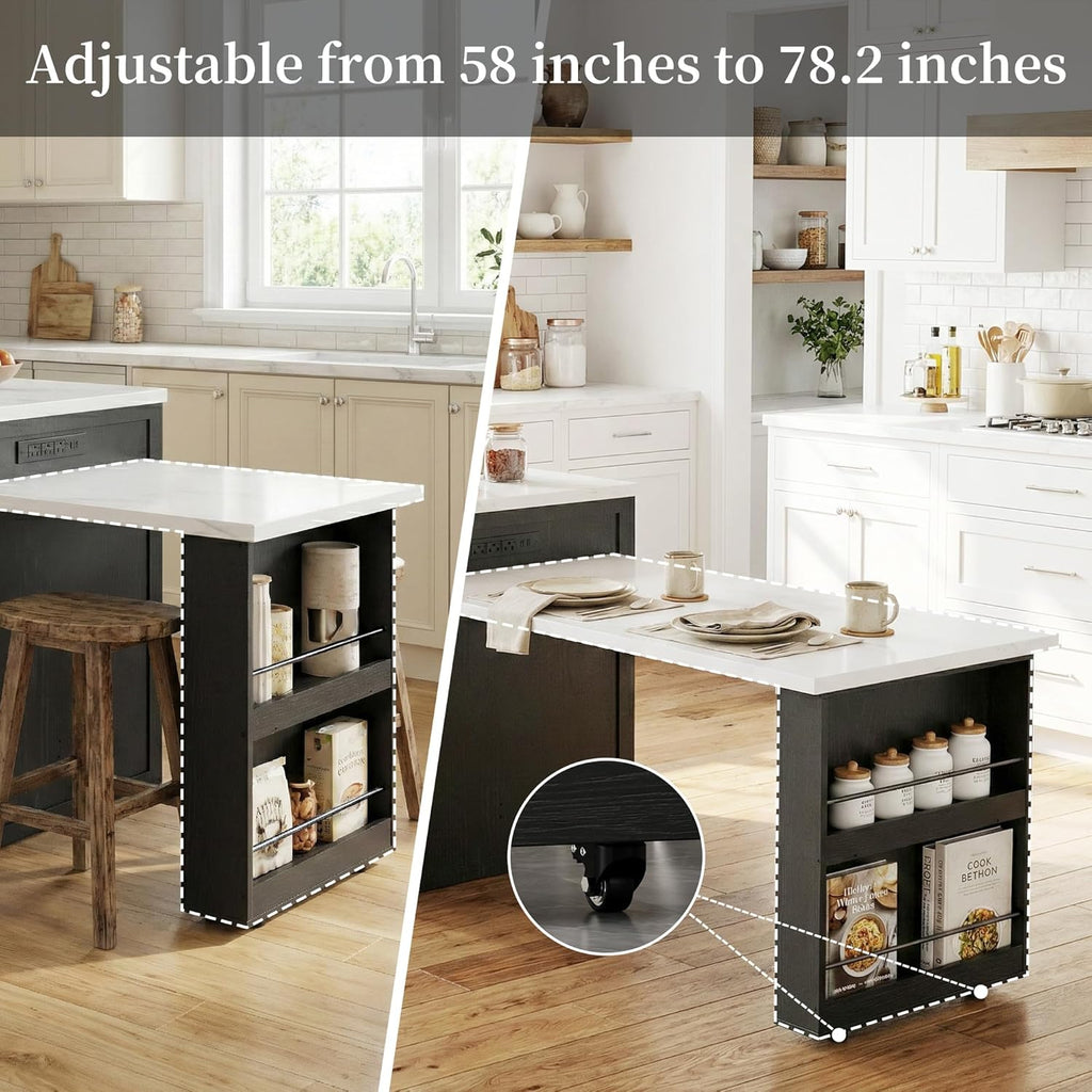 Kitchen Island with Extendable Dining Table for 4-6, Farmhouse Rolling Mobile Center Islands with Storage, Wine Glass Rack, Charging Station, 2 Drawers 2 Side Open Shelves, White marble-patterned