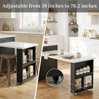 Kitchen Island with Extendable Dining Table for 4-6, Farmhouse Rolling Mobile Center Islands with Storage, Wine Glass Rack, Charging Station, 2 Drawers 2 Side Open Shelves, White marble-patterned