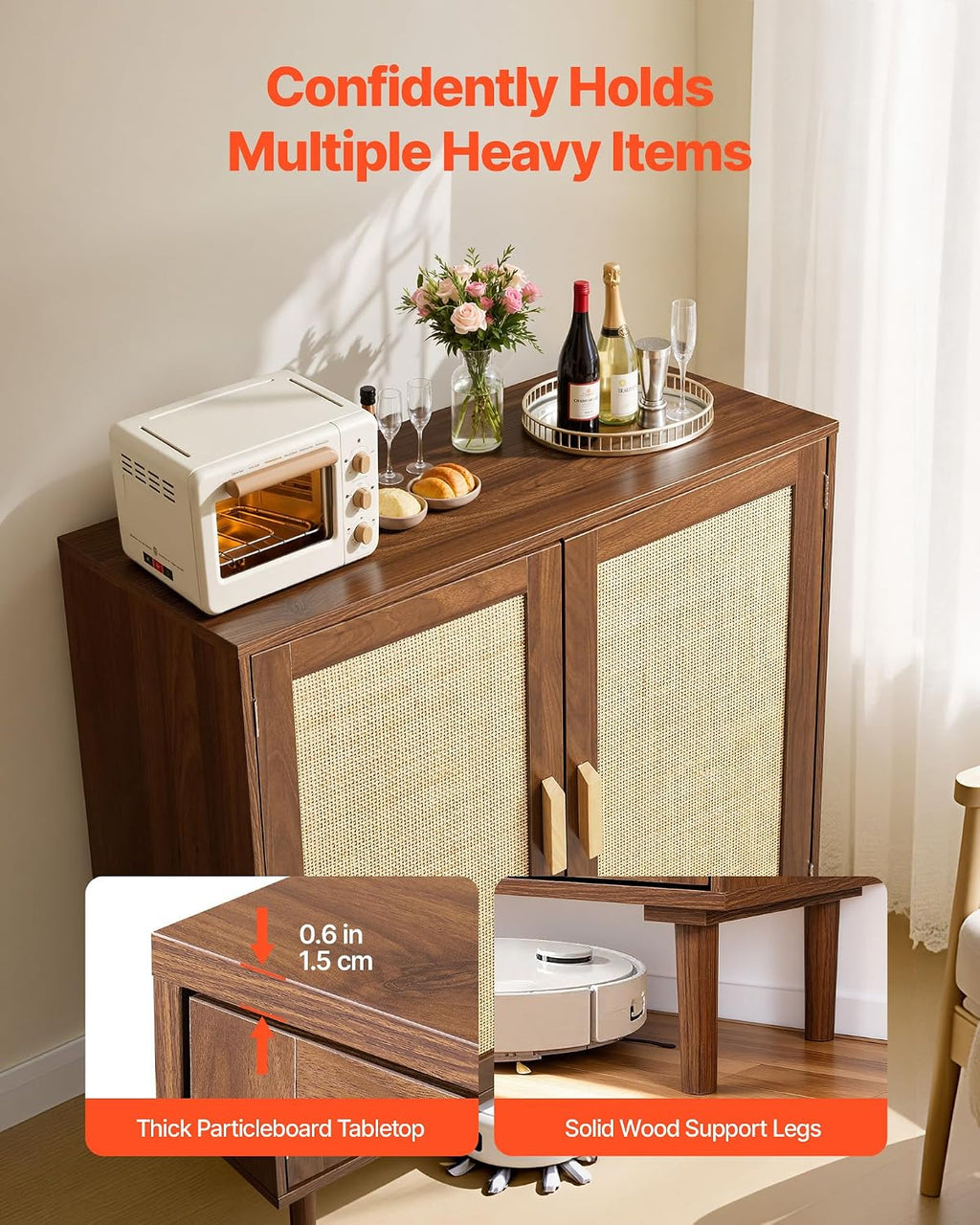 VEVOR Rattan Cabinet, Rattan Storage Cabinet with 2 Magnetic Doors and Adjustable Shelves, Accent Sideboard Buffet with Wooden Legs & Power Cord Hole for Hallway, Entryway, Living Room, Kitchen, Brown